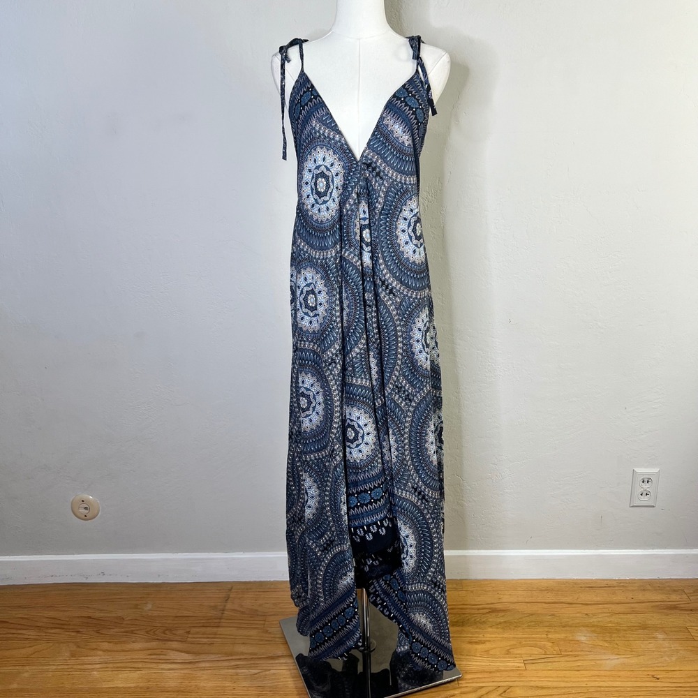 THC Turning Heads Clothing Maxi Dress OS Blue Mandala Boho Tie Shoulder Backless